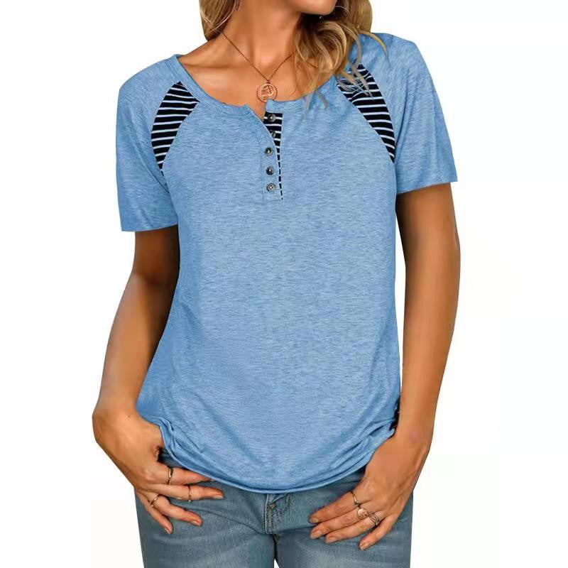 Womens Short Sleeve Printed Striped Casual TShirt Top