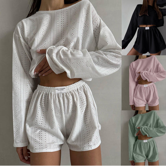 2pcs Women's Suit Long Sleeve Pullover Top And Shorts Fashion Simple Slim Fit Loose Hollow-out Design Suits