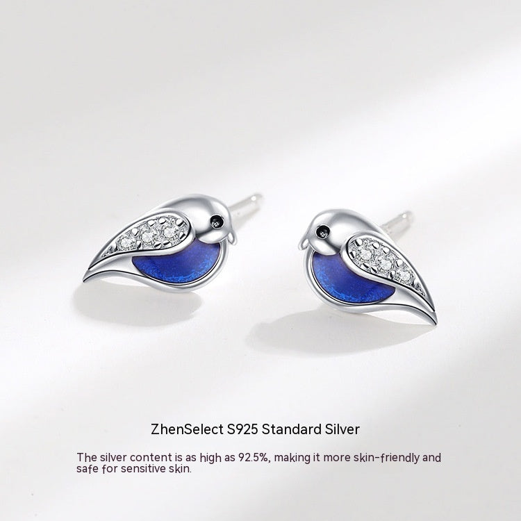 Korean Rose Bird Ear Studs Sterling Silver S925 Niche Creative Fashion Epoxy Mini Earrings