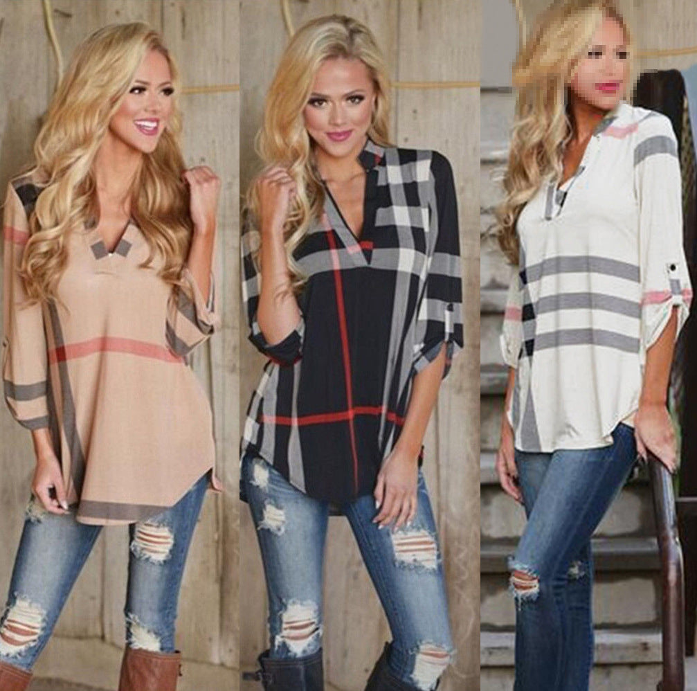 Plaid printed V-neck