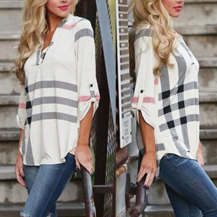 Plaid printed V-neck