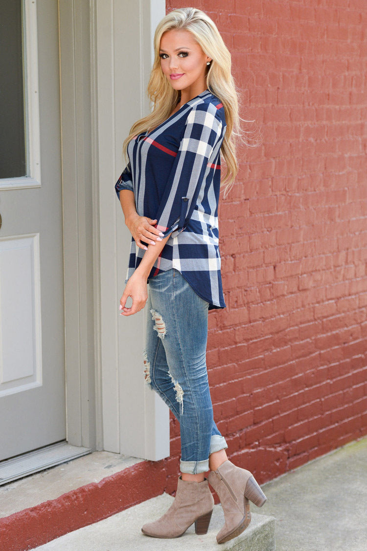 Plaid printed V-neck