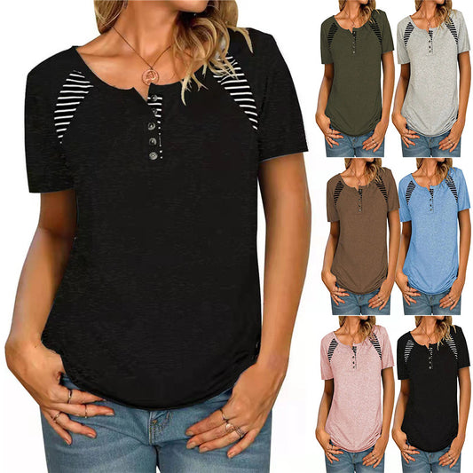 Womens Short Sleeve Printed Striped Casual TShirt Top