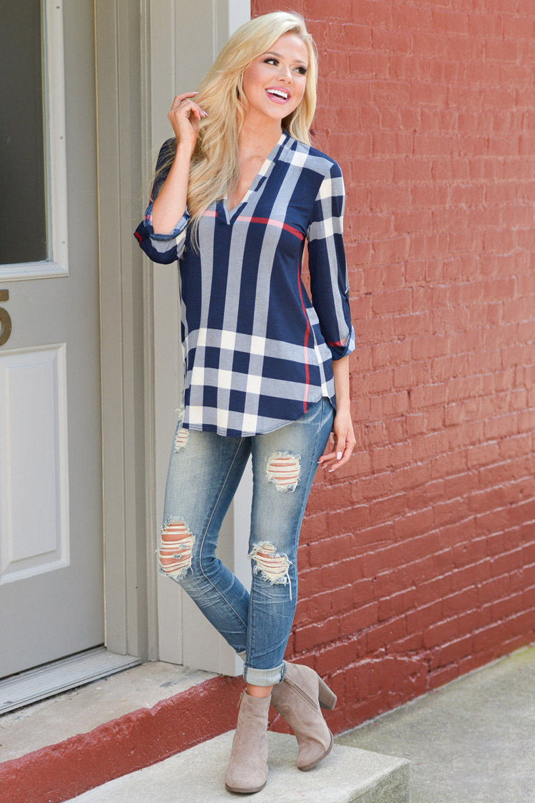 Plaid printed V-neck