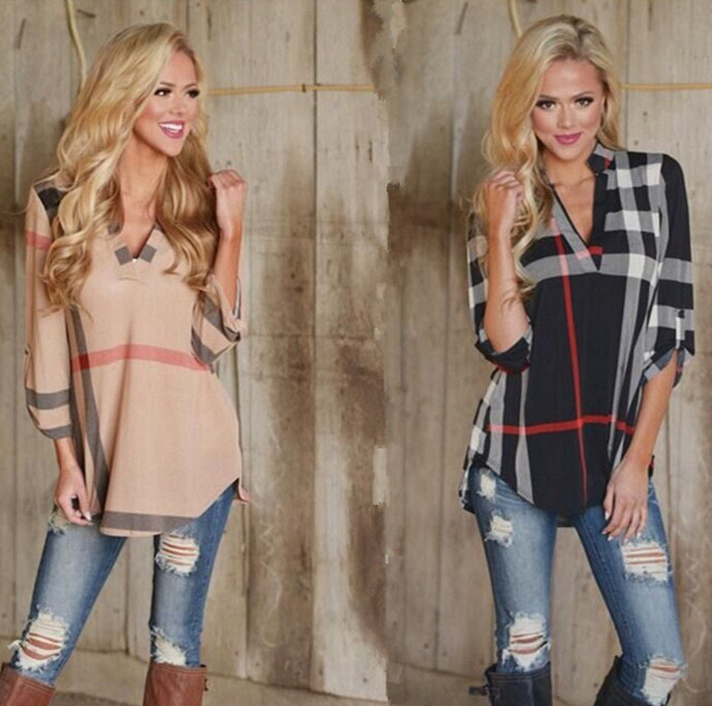 Plaid printed V-neck