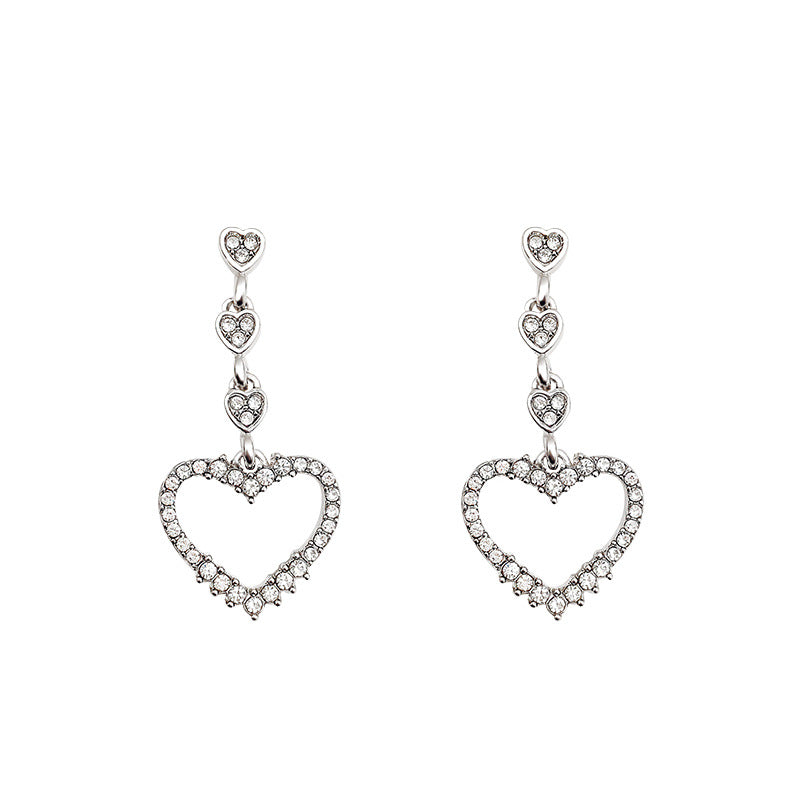 Sterling Silver Needle Sparkling Full Rhinestone Love Heart Earrings Female Ins