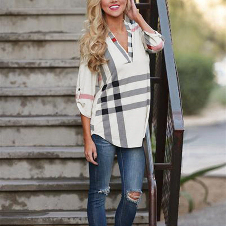 Plaid printed V-neck