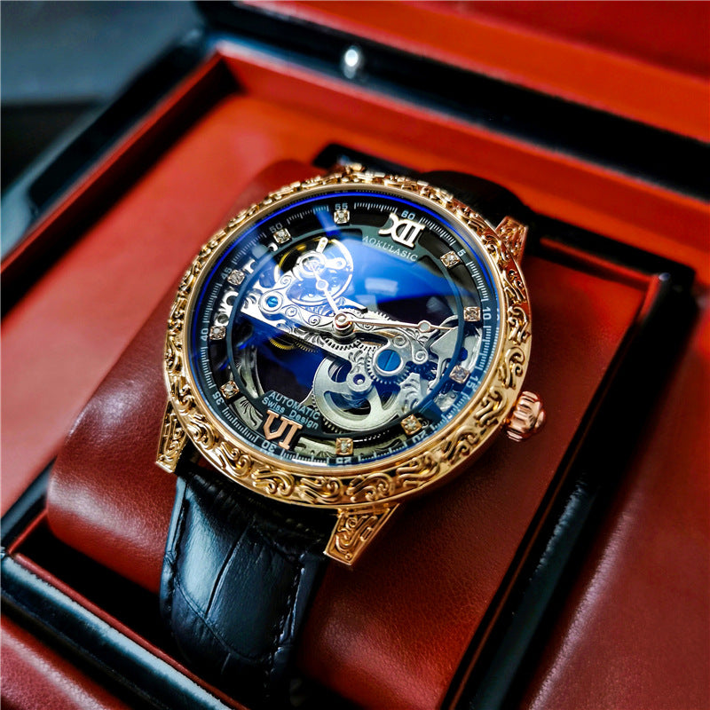 Augustus Fully Automatic Mechanical Watch Business Casual Waterproof Men&#039;s Watch Luminous Leather Hollow