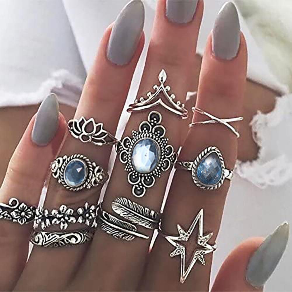 Bohemian Diamond Set Ring & Retro Wedding Festival Star Moon Crystal Ring