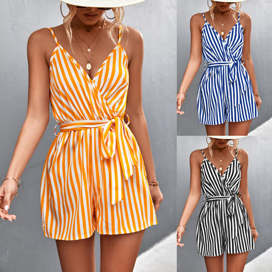 V-neck Striped Strap Jumpsuit For Women