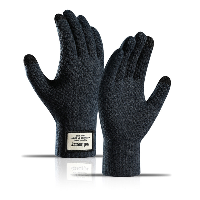 Men's Fashion Velvet Padded Thick Jacquard Warm Wool Touch Screen Gloves