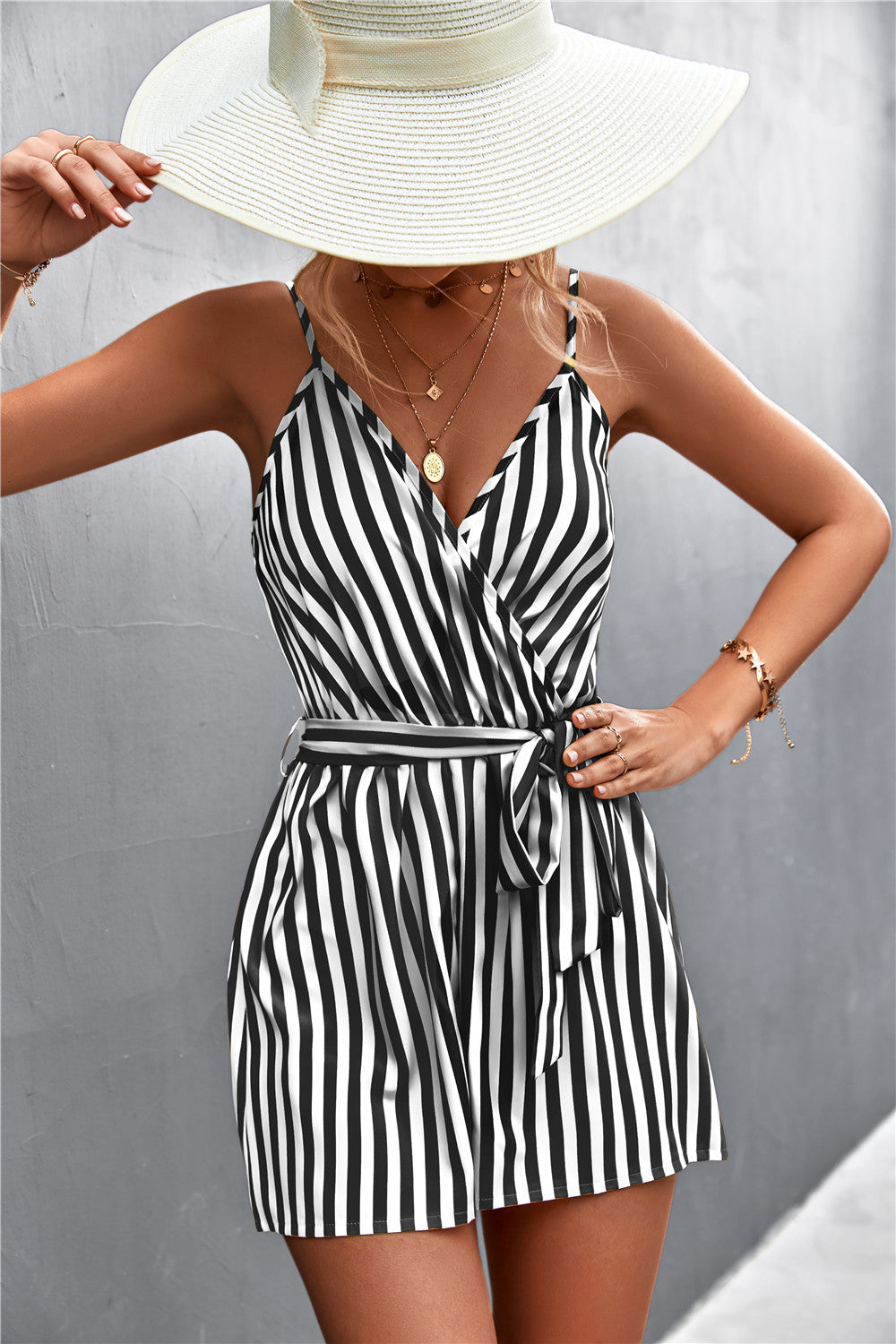 V-neck Striped Strap Jumpsuit For Women