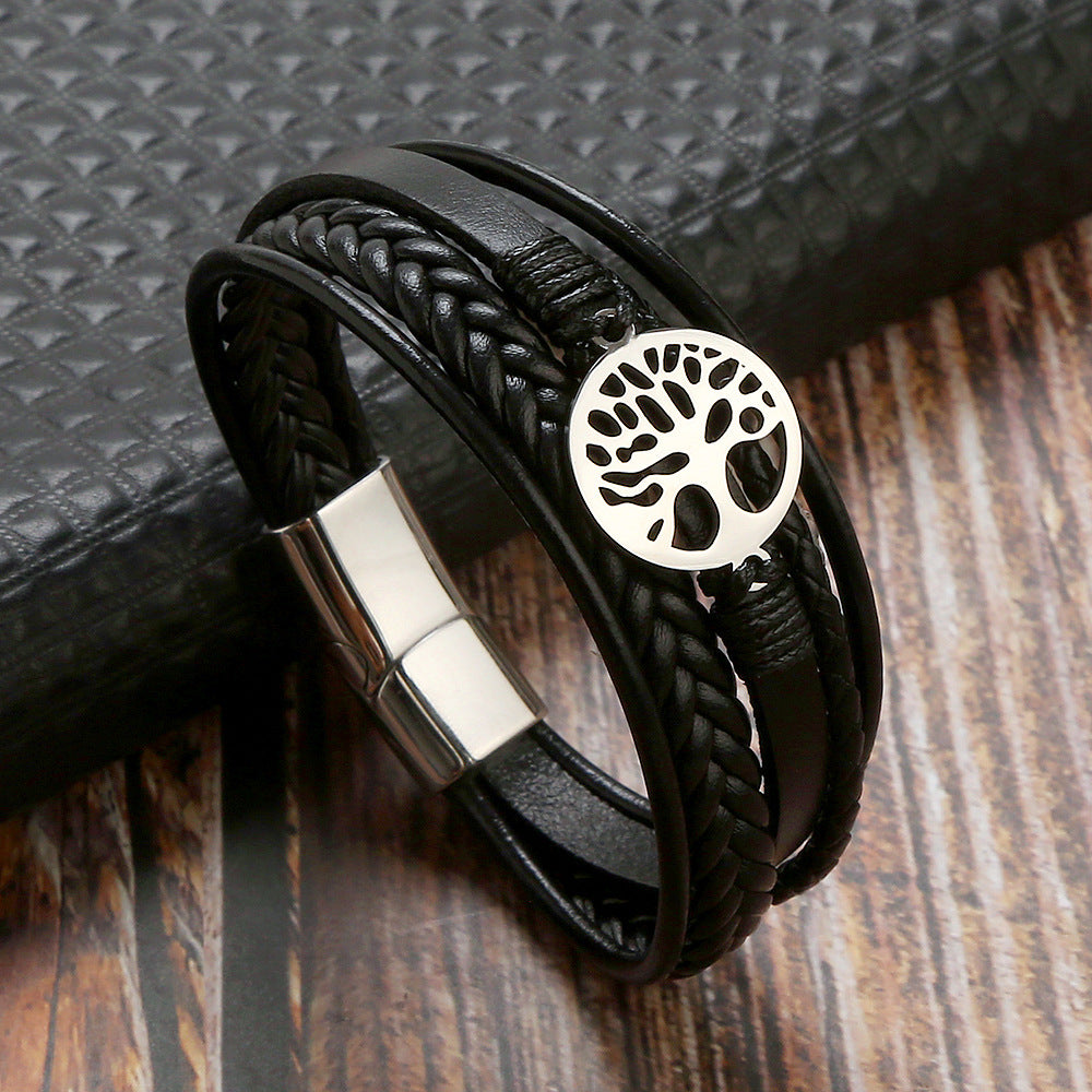 New Tree Of Life Bracelet Titanium Steel Bracelet Personality Multi-layer Woven Leather Men&#039;s Bracelet