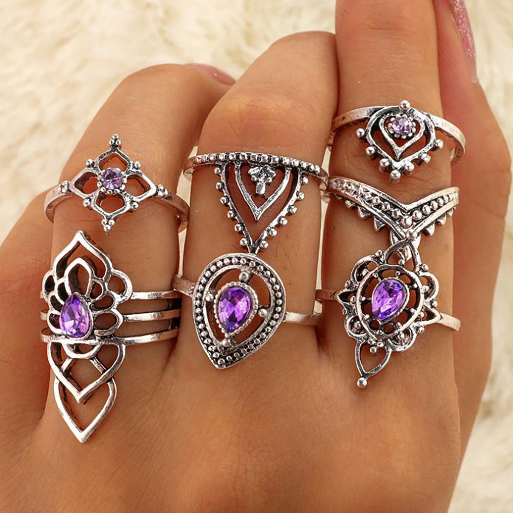 Bohemian Diamond Set Ring & Retro Wedding Festival Star Moon Crystal Ring