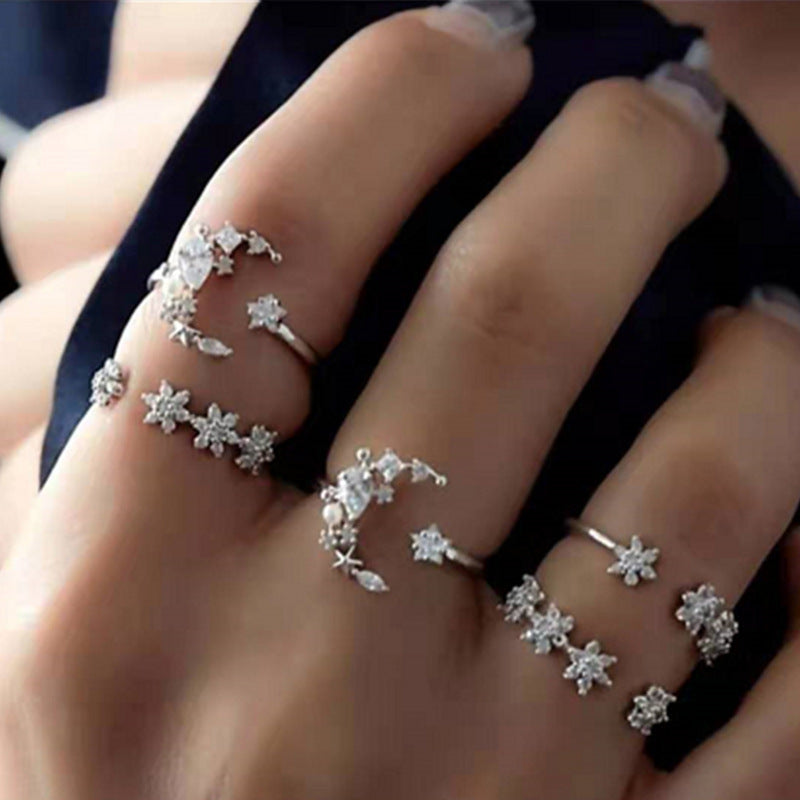 Bohemian Diamond Set Ring & Retro Wedding Festival Star Moon Crystal Ring