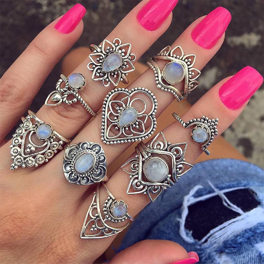 Bohemian Diamond Set Ring & Retro Wedding Festival Star Moon Crystal Ring