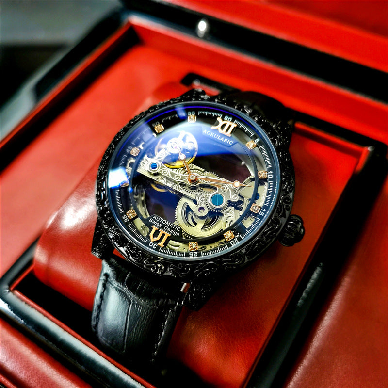 Augustus Fully Automatic Mechanical Watch Business Casual Waterproof Men&#039;s Watch Luminous Leather Hollow