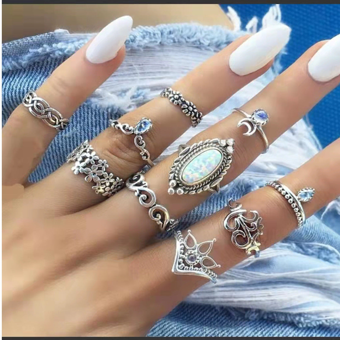 Bohemian Diamond Set Ring & Retro Wedding Festival Star Moon Crystal Ring