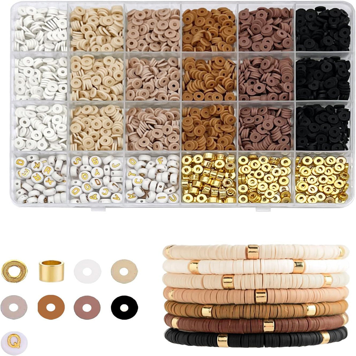 24 Grid Soft Pottery Pieces, Letter Beads, Spacer Beads , Brown Series, High-end DIY Bracelet Production