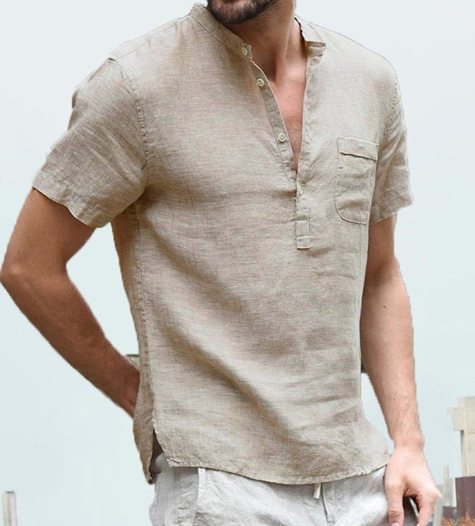 Casual Linen Solid Color Shirt Button V Neck Beach Shirt Men Summer Tops