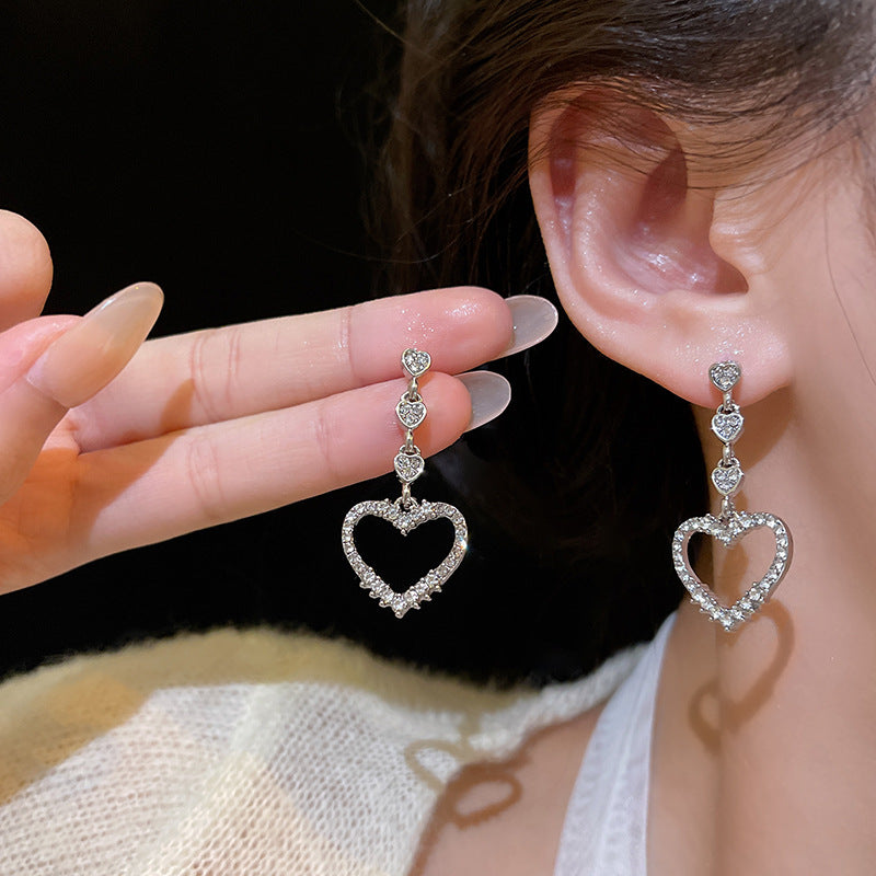 Sterling Silver Needle Sparkling Full Rhinestone Love Heart Earrings Female Ins