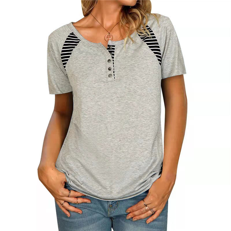 Womens Short Sleeve Printed Striped Casual TShirt Top