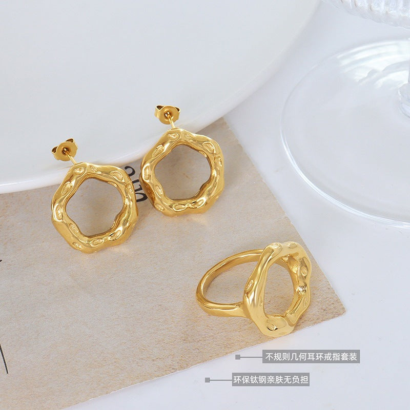 Fashion Trend Irregular Geometric Earrings Ring Set Titanium Steel Plated 18 Real Gold F530-A251