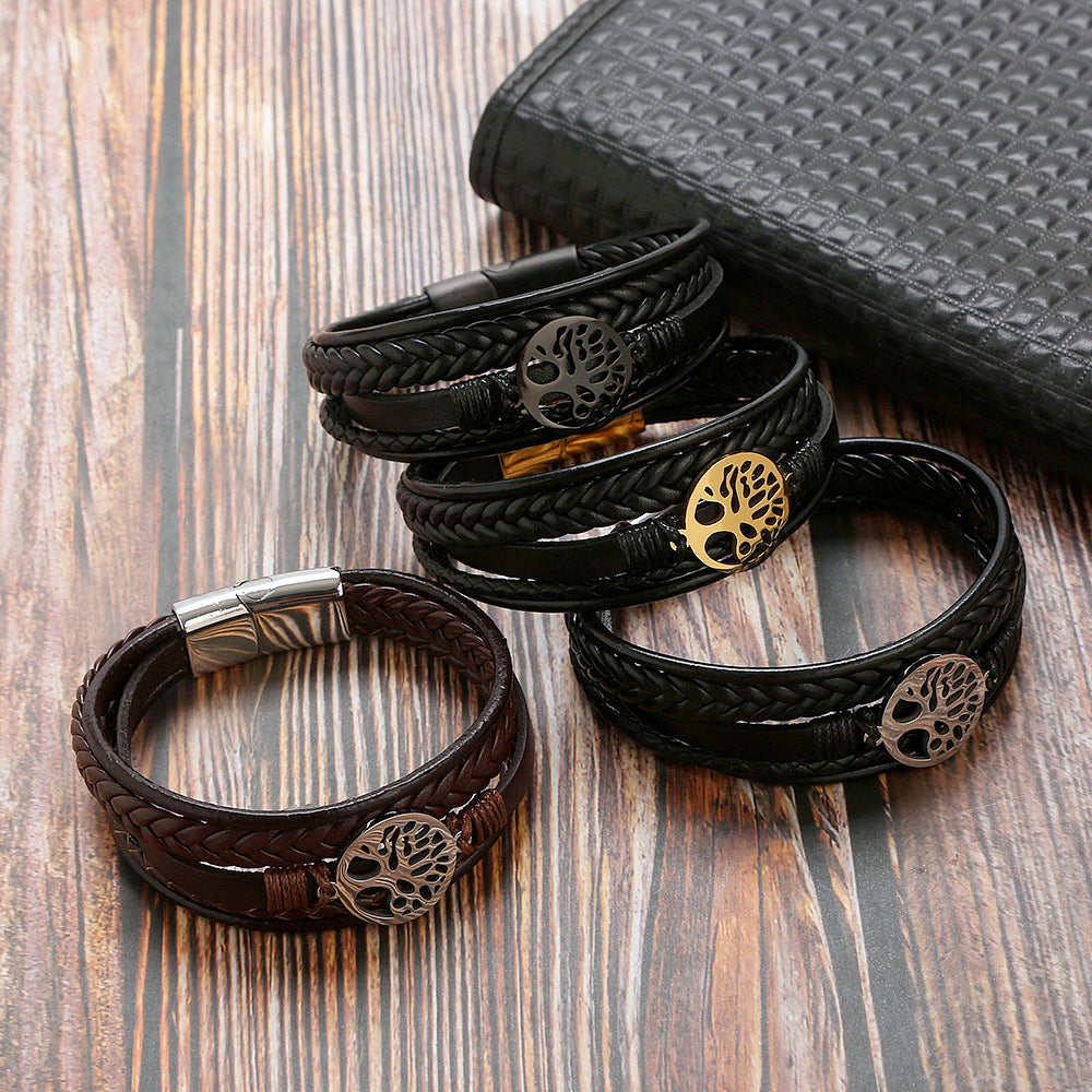 New Tree Of Life Bracelet Titanium Steel Bracelet Personality Multi-layer Woven Leather Men&#039;s Bracelet