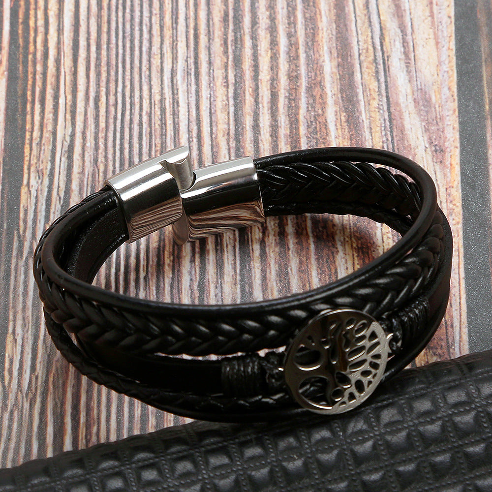 New Tree Of Life Bracelet Titanium Steel Bracelet Personality Multi-layer Woven Leather Men&#039;s Bracelet