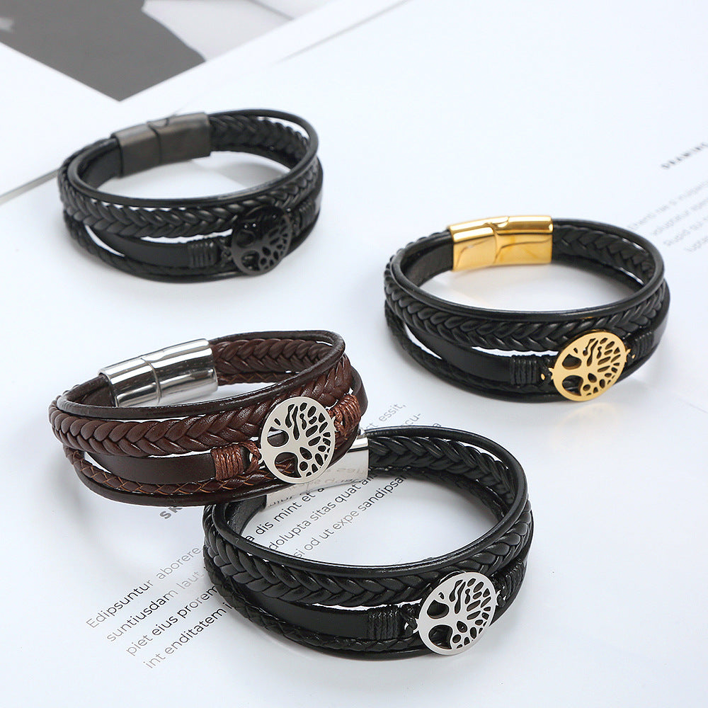 New Tree Of Life Bracelet Titanium Steel Bracelet Personality Multi-layer Woven Leather Men&#039;s Bracelet