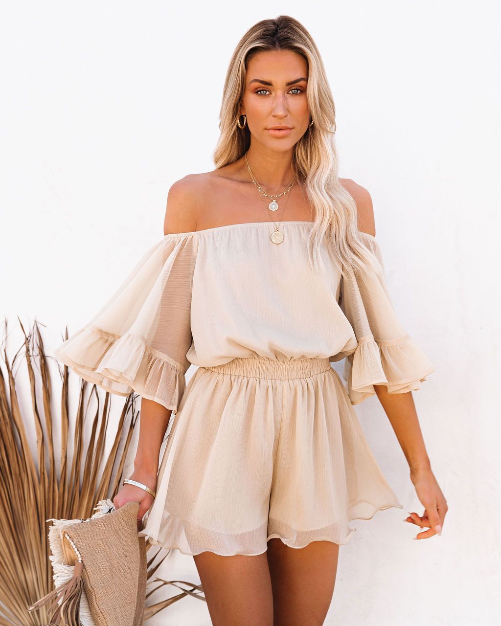 Stitching Short-sleeved Loose Shoulder Solid Color Chiffon Jumpsuit