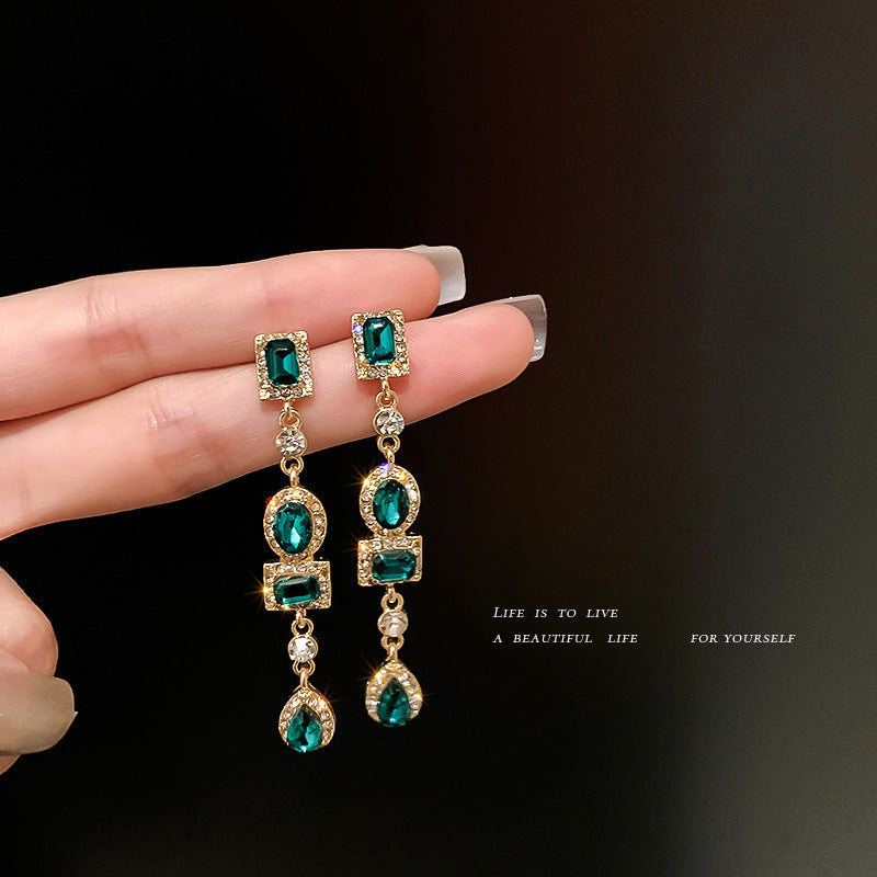 925 Silver Needle Geometric Diamond Green Earrings