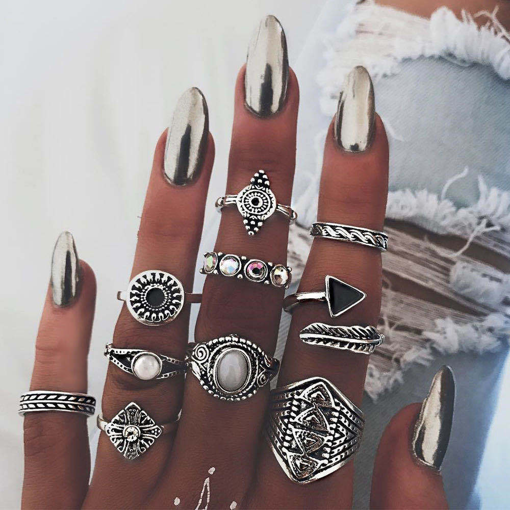 Bohemian Diamond Set Ring & Retro Wedding Festival Star Moon Crystal Ring