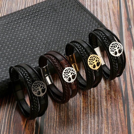 New Tree Of Life Bracelet Titanium Steel Bracelet Personality Multi-layer Woven Leather Men&#039;s Bracelet