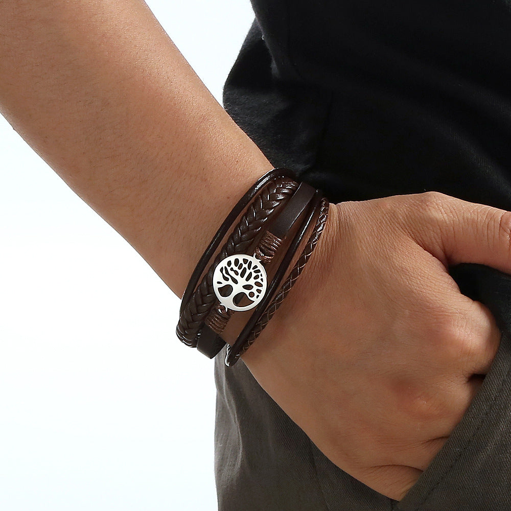 New Tree Of Life Bracelet Titanium Steel Bracelet Personality Multi-layer Woven Leather Men&#039;s Bracelet